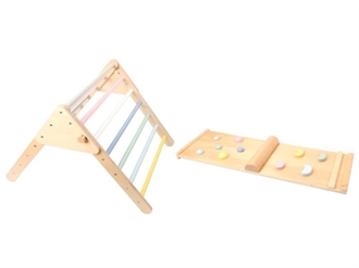 Pikler trekant med 2i1 Montessori-bræt – pastel