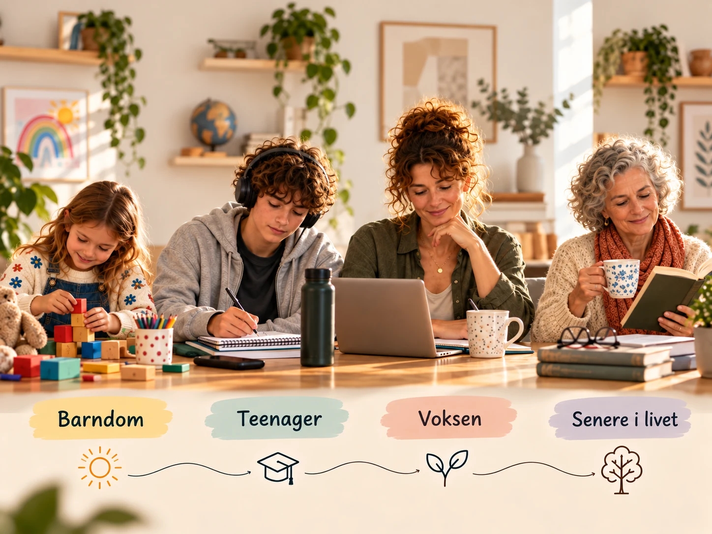 Et barn, en teenager, en voksen og en ældre kvinde ved samme bord – barndom, teenager, voksen og senere i livet