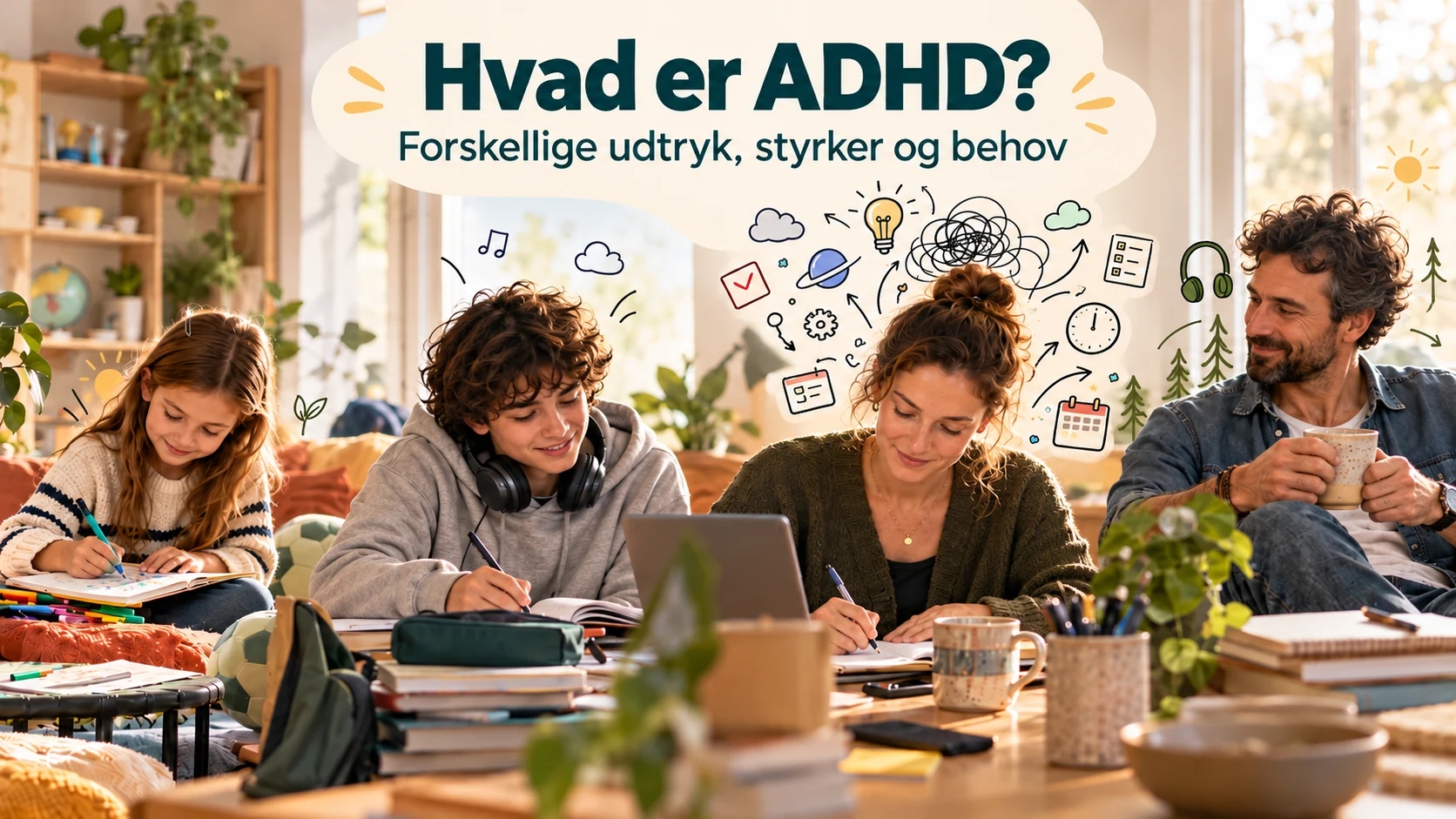 Hvad er ADHD? Forskellige udtryk, styrker og behov – en familie samlet om bordet i en lys stue