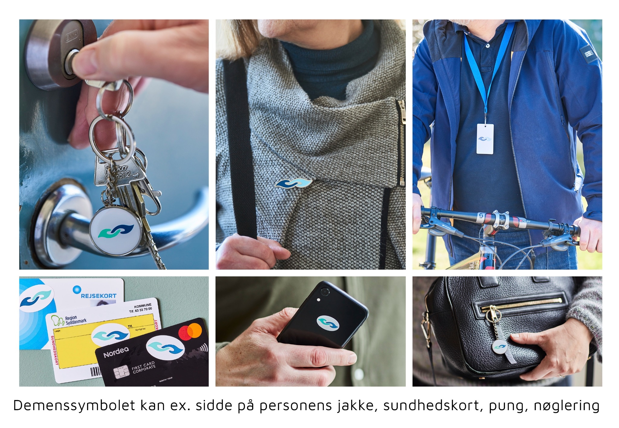 Eksempler på hvordan Demenssymbolet kan bæres og placeres på hverdagsting