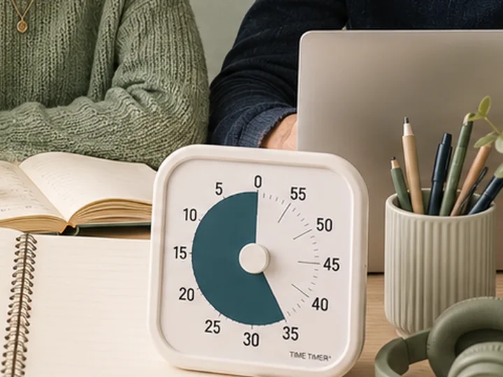 Visuel timer ved siden af dagsplan og studiematerialer